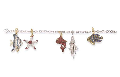A GEM-SET AND DIAMOND 'AQUARIUM' CHARM BRACELET