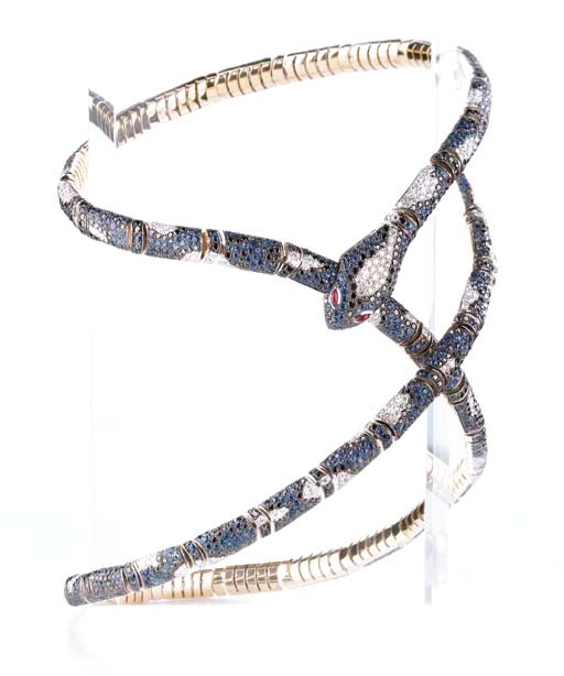 A GEM-SET AND DIAMOND SNAKE NECKLACE