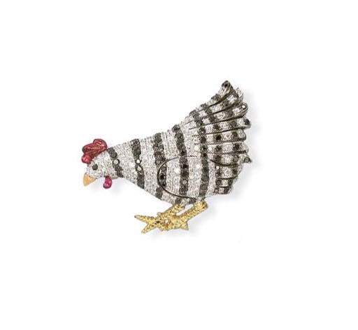 AN AMUSING GEM-SET AND DIAMOND 'COQ DE PADOUE' BROOCH