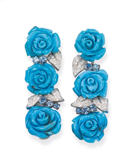 A PAIR OF TURQUOISE, AQUAMARINE AND DIAMOND ROSE EARRINGS