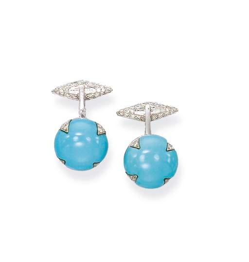 A PAIR OF TURQUOISE AND DIAMOND CUFFLINKS