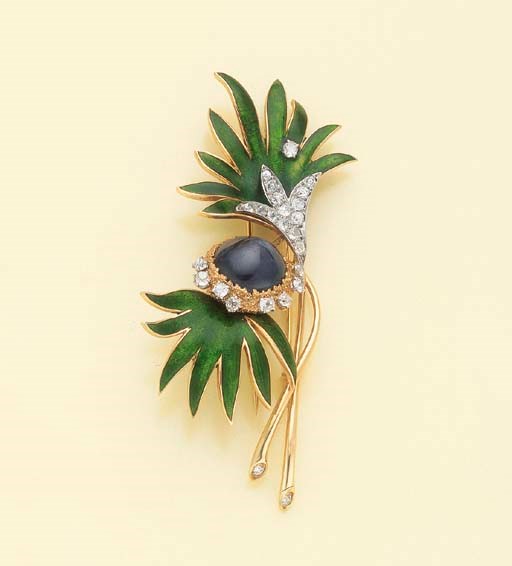 BROCHE SAPHIR, EMAIL ET DIAMANTS, PAR BOUCHERON