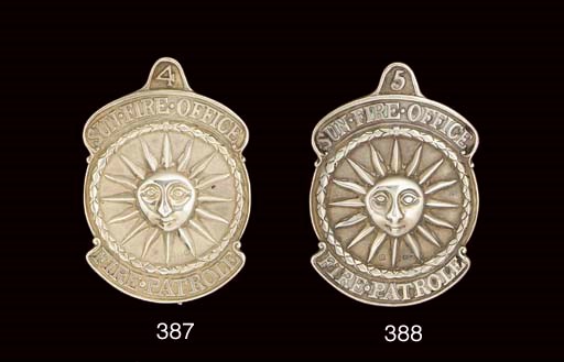 A GEORGE III SILVER SUN FIRE OFFICE FIRE PATROLE BADGE NUMBER 5