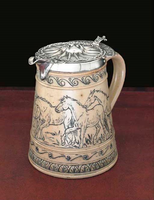 A GEORGE III SILVER SUN FIRE OFFICE FIREMAN'S ARM BADGE NUMBER 18 MOUNTED IN A DOULTON STONEWARE JUG