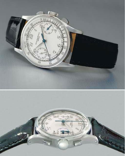 PATEK PHILIPPE. A FINE AND RARE STAINLESS STEEL CHRONOGRAPH WRISTWATCH WITH BREGUET NUMERALS