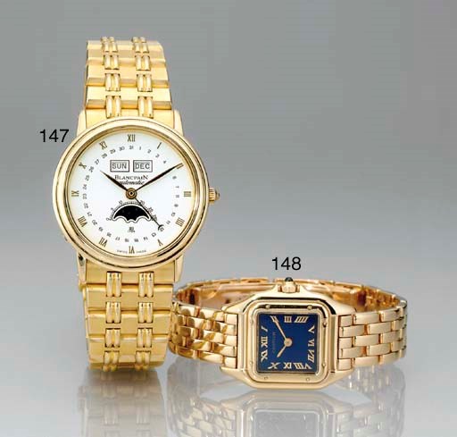 BLANCPAIN. AN 18K GOLD AUTOMATIC TRIPLE CALENDAR WRISTWATCH WITH MOONPHASE AND BRACELET