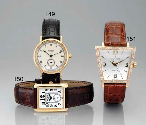 CORUM. A LARGE 18K GOLD AND DIAMOND-SET TRAPEZOIDAL AUTOMATIC WRISTWATCH WITH DATE AND SWEEP SECONDS