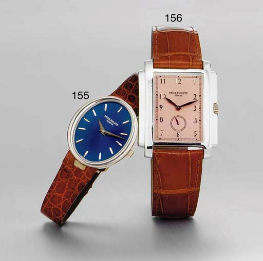 PATEK PHILIPPE. A FINE 18K WHITE GOLD RECTANGULAR WRISTWATCH WITH PINK DIAL