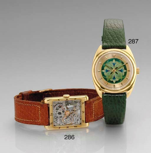 AUDEMARS PIGUET. A FINE AND RARE 18K GOLD RECTANGULAR SKELETONIZED WRISTWATCH