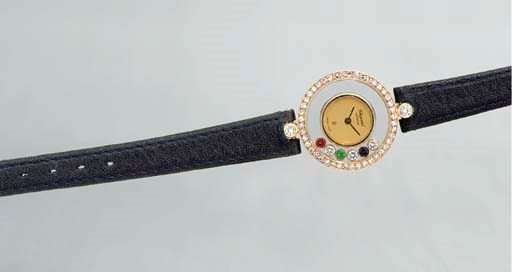 CHOPARD. A LADY'S 18K GOLD, DIAMOND, SAPPHIRE, RUBY AND EMERALD-SET WRISTWATCH