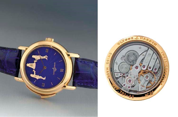 ULYSSE NARDIN. A FINE AND RARE 18K GOLD MINUTE REPEATING WRISTWATCH WITH JACQUEMARTS