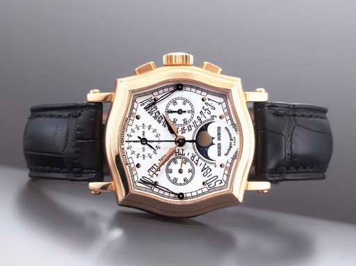 ROGER DUBUIS. A LIMITED EDITION 18K PINK GOLD SHAPED SQUARE DOUBLE RETROGRADE PERPETUAL CALENDAR CHRONOGRAPH WRISTWATCH WITH MOONPHASE