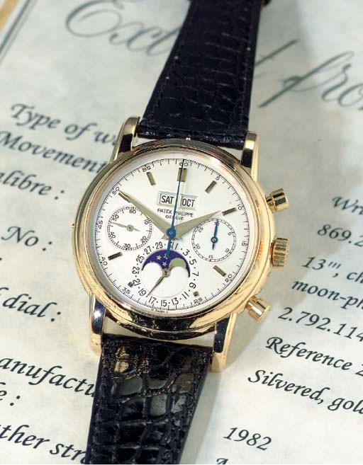 PATEK PHILIPPE. A FINE AND RARE 18K GOLD PERPETUAL CALENDAR CHRONOGRAPH WRISTWATCH WITH MOONPHASE