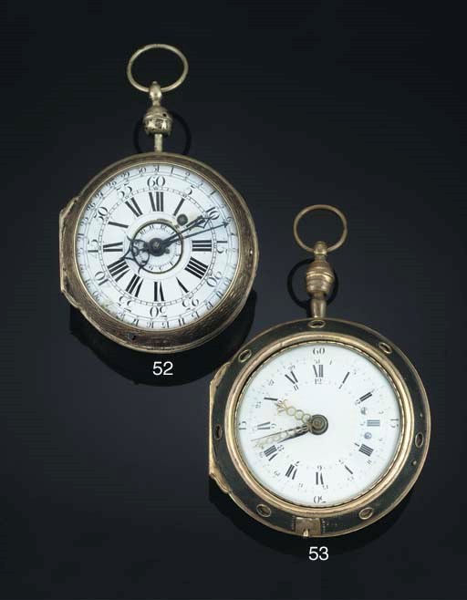 A Gilt Metal Four Train quarter striking and repeating Verge Coach watch with alarm and calendar and leather covered outer case