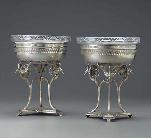 A pair of French silvered bronze and glass tazza