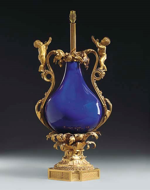 A French gilt bronze mounted blue porcelain table lamp