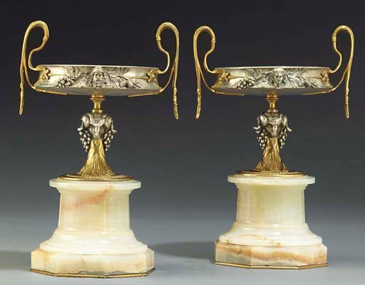 A PAIR OF FRENCH SILVERED AND GILT BRONZE TAZZA