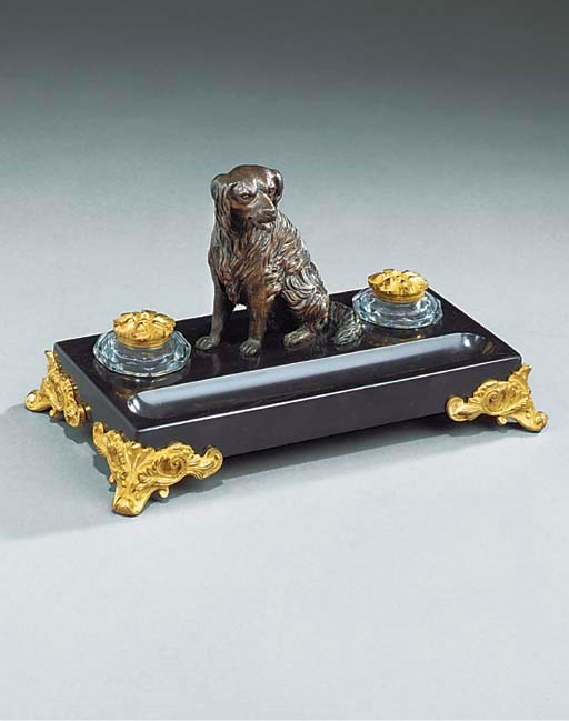 A French animalier bronze mounted black marble encrier