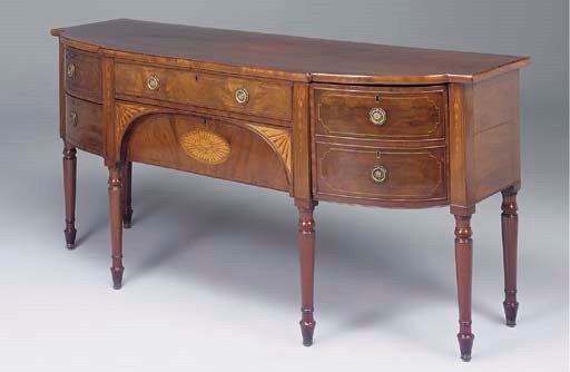 A LATE GEORGE III MAHOGANY AND MARQUETRY BOWFRONT SIDEBOARD
