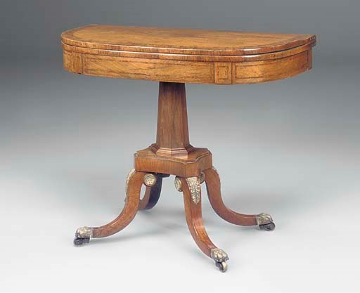 A REGENCY GILT-METAL MOUNTED MAHOGANY AND BURR YEW D-SHAPED CARD TABLE