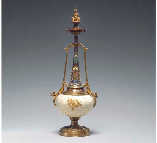 A SEVRES STYLE GILT-METAL MOUNTED VASE AND A VICTORIAN GILT BRONZE-MOUNTED PORCELAIN AND ENAMEL ROSEWATER DROPPER,