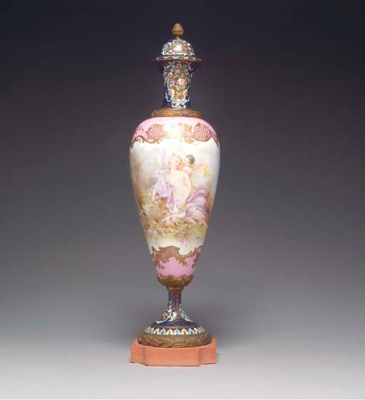 A SEVRES STYLE GILT-BRONZE MOUNTED PORCELAIN VASE AND COVER,