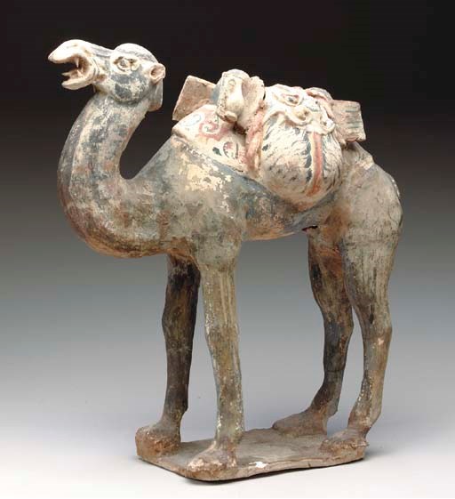 A CHINESE PAINTED POTTERY MODEL OF A BACTRIAN CAMEL,