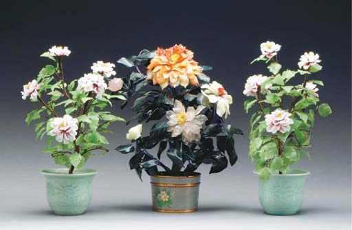 A PAIR OF CHINESE JADE AND HARDSTONE PEONY TREES IN CELADON JARDINIERES,