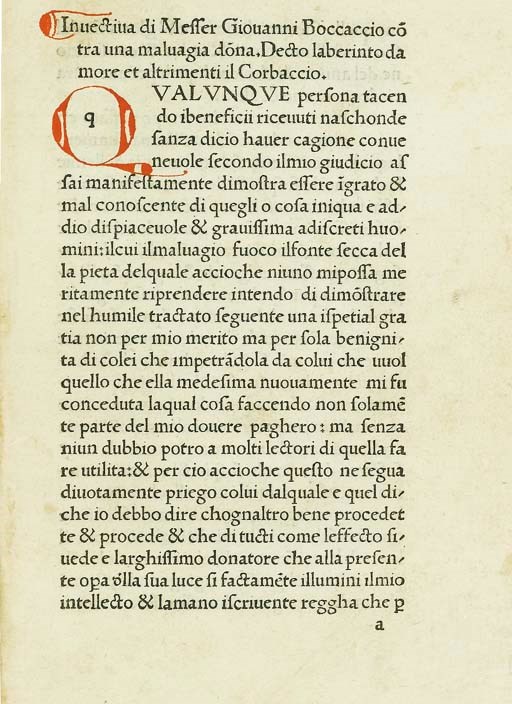 BOCCACCIO, Giovanni. Il Corbaccio. Firenze: Bartolomeo di Libri, 1487.
