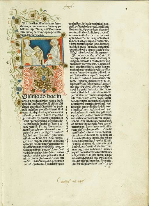BONAVENTURA, Santo. Commentarius in secundum librum Sententiarum Petri Lombardi. Edito da Thomas Penket. Venezia: Reynaldus de Novimagio e Theodorus de Reynsburch, 1477.