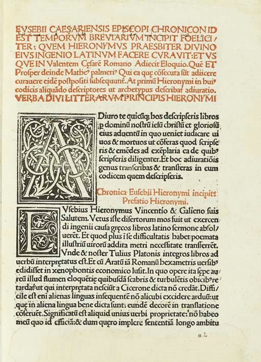 EUSEBIUS Caesariensis. Chronicon. Venezia: Erhard Ratdolt, 13 settembre 1483.