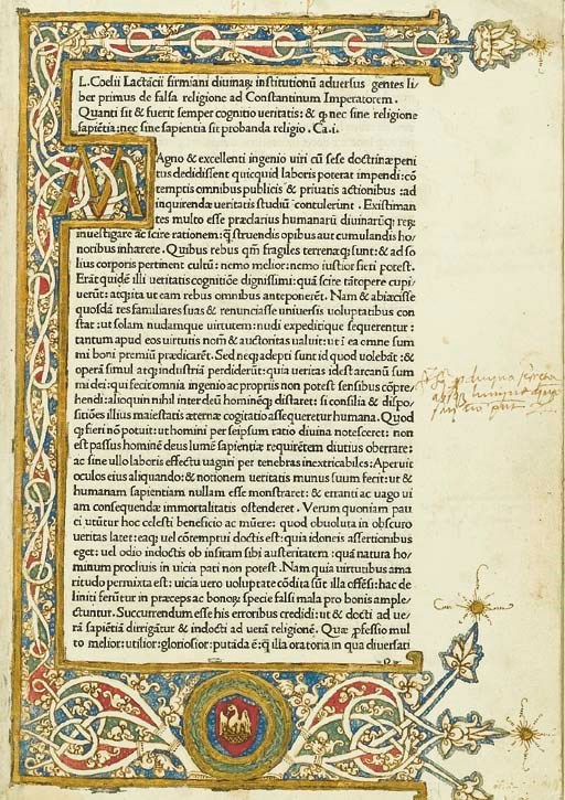 LACTANTIUS, Lucius Caecilius Firmianus. Opera. Venezia: Andreas de Paltasichis e Boninus de Boninis, 1478 [ma 12 marzo 1479].