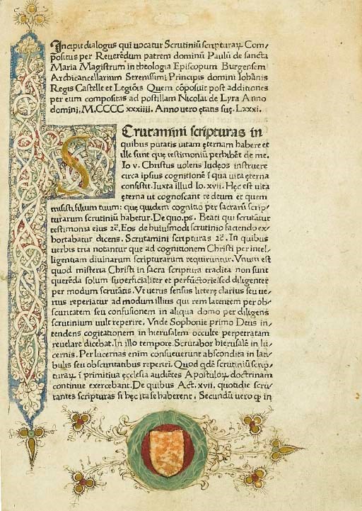 PAULUS DE SANCTA MARIA. Scrutinium scripturarum. Roma: Ulrich Hahn, [circa 1469].
