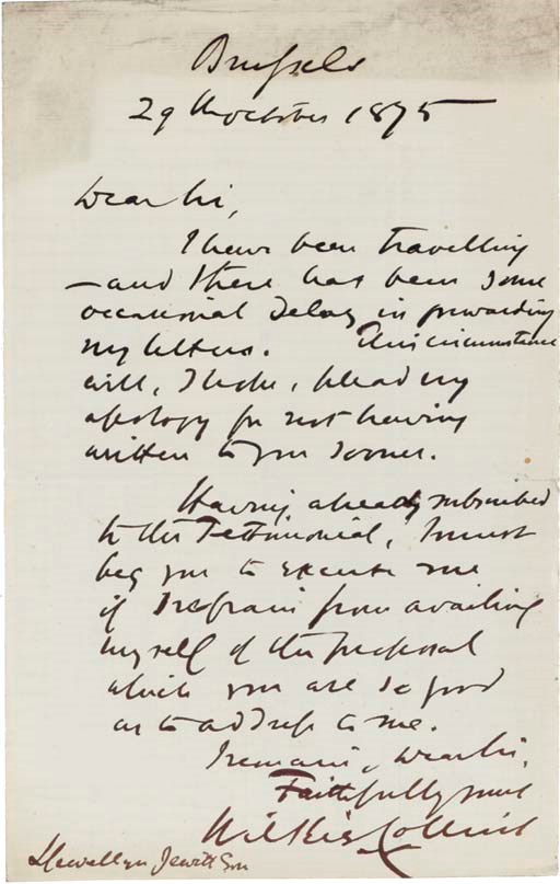 AUTOGRAPH COLLECTION -- 19th-CENTURY LITERARY AND HISTORICAL FIGURES, comprising: nine autograph or letters signed from Wilkie COLLINS (1870, 1875), Robert PEEL (1815), W. Harrison AINSWORTH (1853), Sir Henry IRVING (1905), Giuseppe GARIBALDI (1868), and three letters written to Anthony TROLLOPE, altogether 18 pages, 8vo and 4to. 	 (9)