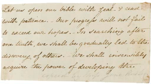 AUSTEN, Jane (1775-1817). Autograph manuscript fragment, [n.d.], six lines on one leaf, 79 x 152mm (mounted, very slight browning where secured at corners).