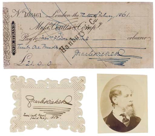 DICKENS, Charles (1812-1870). Autograph cheque signed to Messrs Flower and Sons, London, 13 February 1861, for £21 (some yellowing); [with] autograph signature on a card, Tavistock House, 3 May 1853, lattice edges; and a photograph of Dickens, 67 x 60mm. 	 (3)
