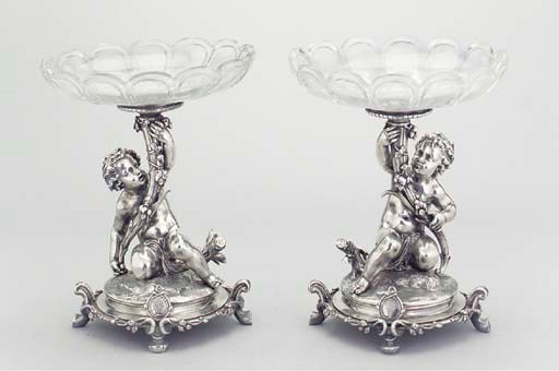 A PAIR OF FRENCH SILVER-PLATE AND GLASS DESSERT STANDS