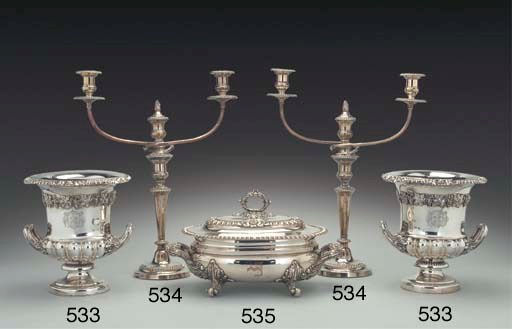 AN OLD SHEFFIELD PLATE SOUP TUREEN AND COVER
