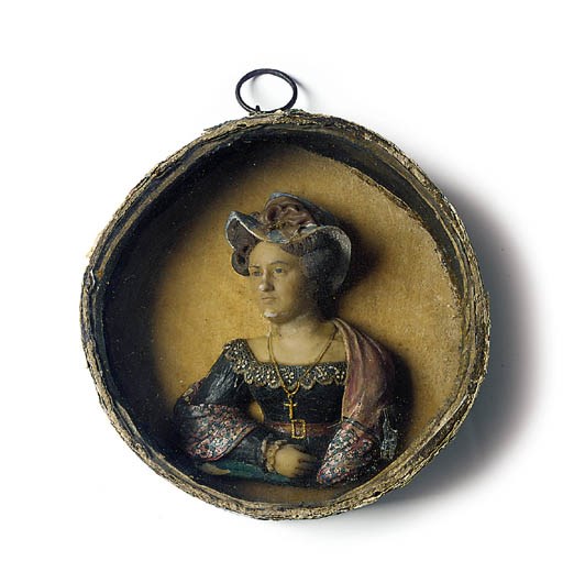 A COLOURED WAX PORTRAIT RELIEF OF A LADY