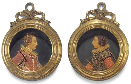 A PAIR OF COLOURED WAX PORTRAIT RELIEFS OF A LADY AND A GENTLEMAN