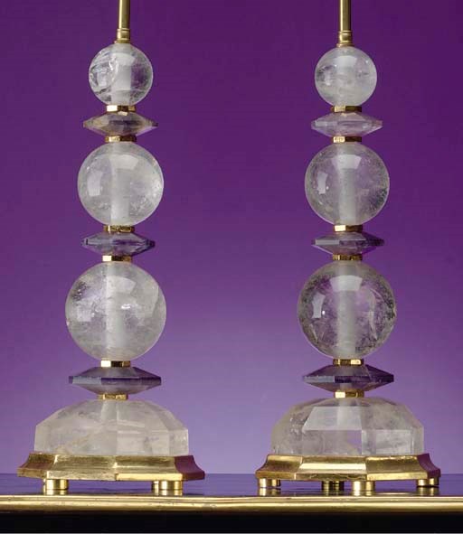 A PAIR OF ROCK CRYSTAL AND AMETHYST LAMPS