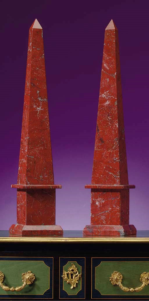 A PAIR OF VARIEGATED RED HARDSTONE-VENEERED OBELISKS