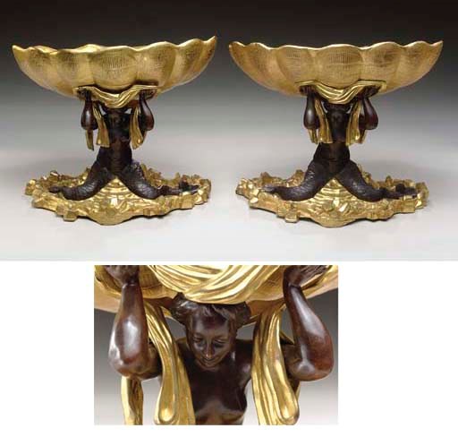 A PAIR OF ORMOLU AND PATINATED-BRONZE TAZZE