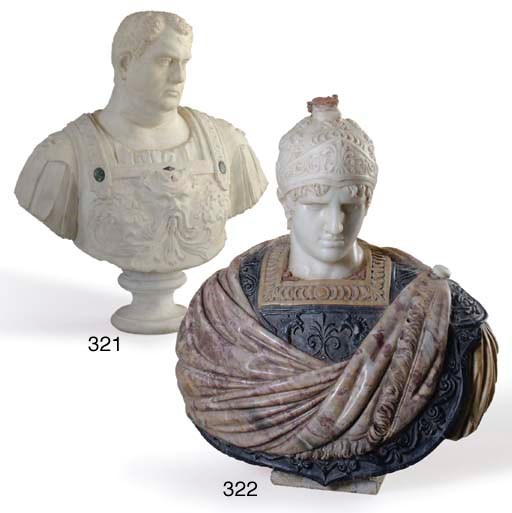 A VARIEGATED MARBLE BUST OF AN EMPEROR