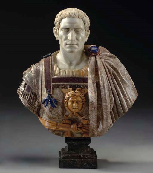 A SPECIMEN MARBLE AND HARDSTONE BUST OF AN EMPEROR