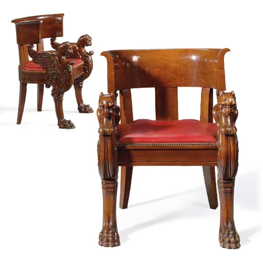 A PAIR OF FRENCH MAHOGANY AND WALNUT ARMCHAIRS