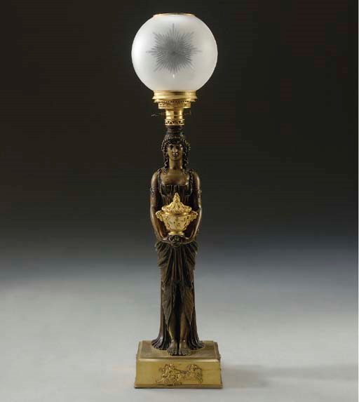 AN EMPIRE STYLE ORMOLU AND PATINATED-BRONZE LAMP