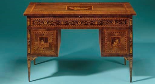 AN ITALIAN WALNUT, MAHOGANY AND FRUITWOOD DESK