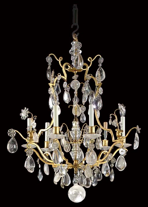A GILT-METAL, ROCK CRYSTAL AND CUT-GLASS SIX-LIGHT CHANDELIER