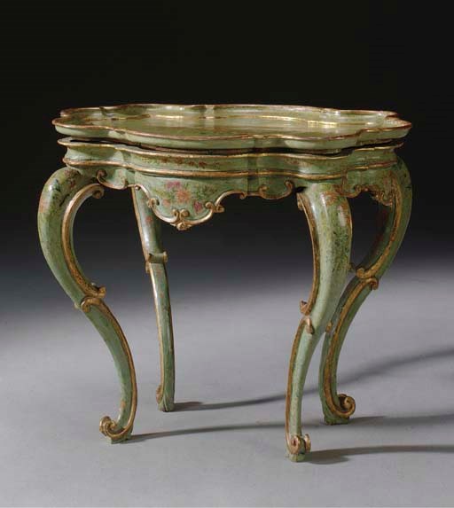 AN ITALIAN GREEN AND POLYCHROME-DECORATED AND PARCEL-GILT TRAY ON STAND